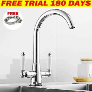 Traditional Kitchen Sink Mixer Monobloc Tap Twin Lever Taps Solid Brass Faucet - Picture 1 of 12
