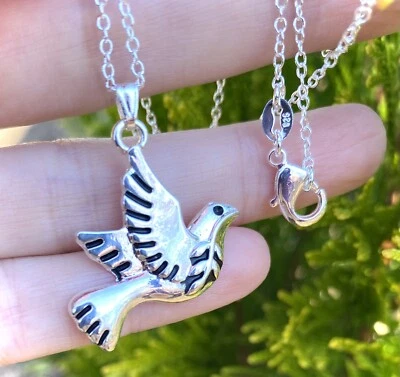 Paloma Sosteniendo Rama de Olivo Collar Colgante Cadena Plata Cristiano Regalo de Cumpleaños Foto 1 de 4