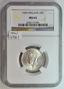 mw4961 Malaya; Silver 20 Cents 1943  George VI   NGC MS63  KM#5a - Picture 1 of 3