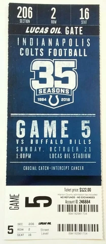 2018 Indianapolis Colts Buffalo Bills NFL Football Full Ticket Stub Cover