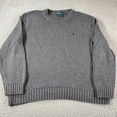 Vintage Polo Ralph Lauren Sweater Men's 2XL Grey Chunky Knit 90s Red Pony Rib - Image 1 of 4