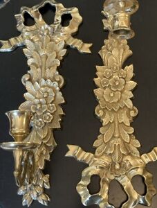 (2) Brass Wall Sconce Single Taper Holders Ornate Flowers & Bows India 14” VTG