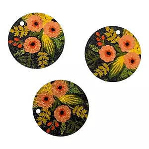 10 Gold Multicolor Colorful Flower 20mm Thin Flat Round Bead Charms Findings - Picture 1 of 3