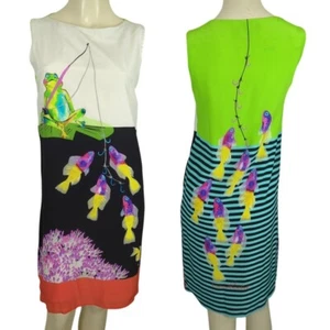 Giulia Rositani Sleeveless Shift Dress Frog Fish Print Green Stripe Back Sz 40 8 - Picture 1 of 19
