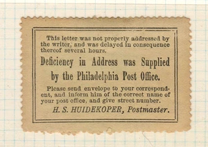 c1880 Carenza di indirizzo da etichetta ufficio postale Philadelphia - Scott non elencato - Foto 1 di 2