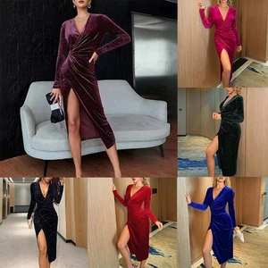 Green Velvet V Neck Wrap Dress Women's Evening Party Cocktail High Slit Dress - Picture 1 of 22