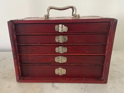 Antique Mahjong 5 Drawer Wood Box Set Bamboo Cow Bone 148 Tiles - Image 1 of 4