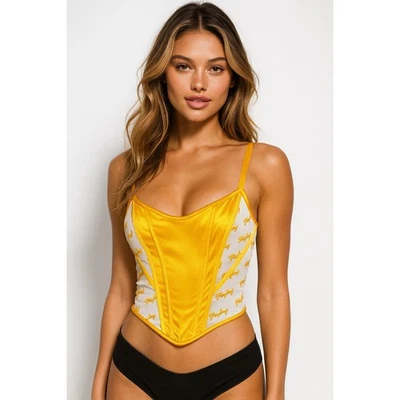 Playboy Women's L Gold Satin Mesh Logo Corset Bustier Y2K Festival Clubwear Top - Image 1 of 4