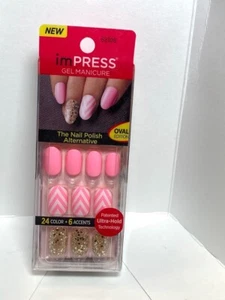 Impress Gel Manicure Press on Nails Short Oval Pink Wavy Glitter  - Picture 1 of 1