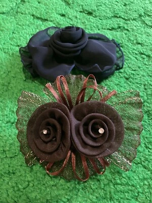 Vintage Boho 80’s 90’s Big Hair Bow Barrette Clip Chiffon Oversized Navy Brown - Image 1 of 4