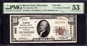 1929 $10 AMERICAN NATIONAL BANK NOTE BEAVER DAM WISCONSIN COURTESY AUTO PMG 53 - Picture 1 of 3