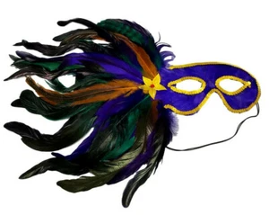 Purple Gold Green Side Feather Masquerade Mardi Gras Color Mask - Picture 1 of 1