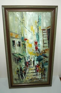 VINTAGE TALL 1960s ERA HONG KONG STREET SCENE ABSTRACT OIL PAINTING SIGNED - Picture 1 of 3