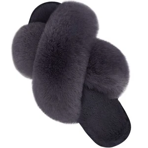 Women's Fuzzy Slippers Comfy Cross Band House Shoes Memory Foam Open Toe Indo... - Picture 1 of 7