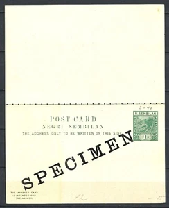MALAYSIA / NEGRI SEMBILAN 1c GRÜN SELTENES EXEMPLAR POST / ANTWORTKARTE UNBENUTZT - Bild 1 von 2