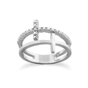 Sterling Silver Double Cross Ring with CZ, Rhodium Plated, 13.5mm Front Design - Picture 1 of 2