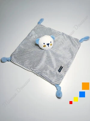 Doudou Plat/Mouchoir Carré Ours Blanc Rayé Bleu Marine Noeuds Bisou Doux - Gémo - Photo 1/4