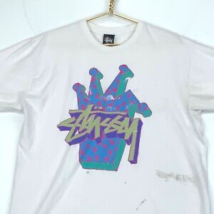 Stussy Crown Abstract Vintage T-Shirt Size Large White Streetwear 