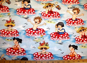 RARE '09 MARY ENGELBREIT SUMMER BEACH SCENE KIDS TUBES COTTON FABRIC FQ - Picture 1 of 2
