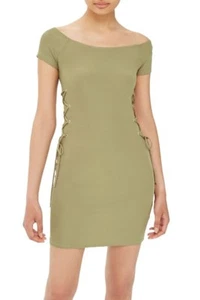 TOPSHOP Vestito Body-Con Laterale Lacci Verde Oliva UK 16 US 12 Maniche Corte Scoop - Foto 1 di 4