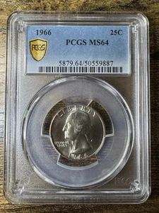 1966 Washington Quarter 25c Business Strike PCGS MS64 Gold Shield & True View! - Picture 1 of 3