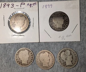 Lot of 5 Barber Quarters -1893-1912 - 90% Silver - Picture 1 of 6