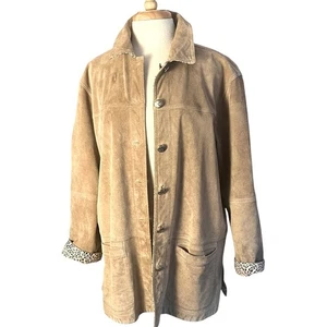 Chico’s Suede Reversible Chore Coat Womens Large Tan & Leopard Shirt Jacket - Picture 1 of 13