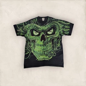 Vintage Liquid Blue 1998 Green Skull Skeleton AOP Travis Scott Juicy J Tshirt XL - Picture 1 of 6