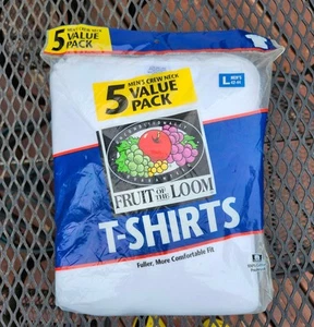 Vtg 1999 Fruit of the Loom Men's 5 Pack White Crew Tee Shirts Cotton Size L NEW - Picture 1 of 11