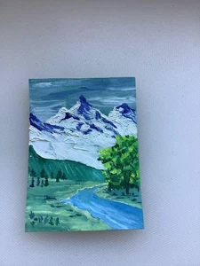 Original ACEO Mountain Landscape – Snow Peak, Forest & Water View Miniature - Picture 1 of 3