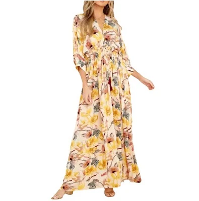 Aakaa Boho Artsy Shirt Dress Size S/M Oversized Multicolor Maxi V-Back Indie - Image 1 of 4