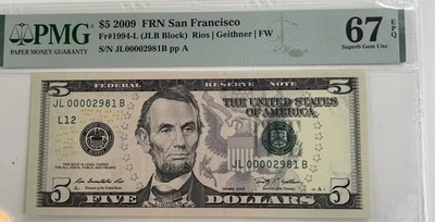 2009 $5 FRN San Francisco PMG 67 EPQ Low Serial JL00002981B Superb Gem - Image 1 of 2