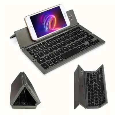 Foldable Folding Bluetooth Mini Keyboard Stand IOS Android Black Rechargeable - Image 1 of 4