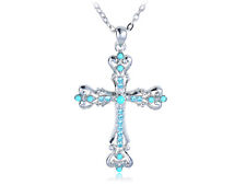 Silver Tone Stone Embedded Carved Holy Cross Pendant Linked Chain Necklace