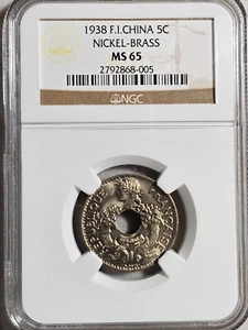 French Indochina 5 Cents 1938 Nickel-Brass NGC MS 65 - Picture 1 of 2