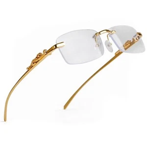 Gold Wire Frame Rimless Men's Luxury Leopard Hip Hop Retro Clear  Lens Glasses - Picture 1 of 9