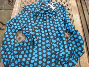 Jaeger 100% silk blouse navy+ big teal spots pussy bow tie orb buttons uk14 bnwt - Picture 1 of 6