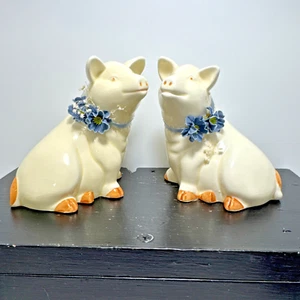 Vintage Pair Lefton Ceramic Pig with Blue Flowers Free Shipping - Picture 1 of 17