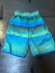 Nike youth Boy's Swim Shorts Elastic Waist Band Drawstring Size M Blue Green EUC - Picture 1 of 5