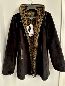 Y2K Vintage Dennis Basso Faux Fur Coat Button Up Leopard Lined Black Sz S NWT* - Picture 1 of 8