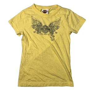 Camiseta Harley Davidson Retro Y2K Gráfica Alas Corazones Amarillo Niñas Mediana - Imagen 1 de 5