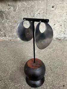 Modernist Signed Artisan Disk Hoop Earrings Handmade OOAK Silver Tone Metal - Picture 1 of 7