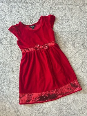 Vestido de Navidad de terciopelo rojo para niñas talla 6 6X ribete de lentejuelas gorra de vacaciones mangas cortas Foto 1 de 4
