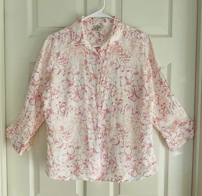 Camisa feminina LL BEAN 100% linho média com botões branca com floral rosa BOM! - Imagem 1 de 4