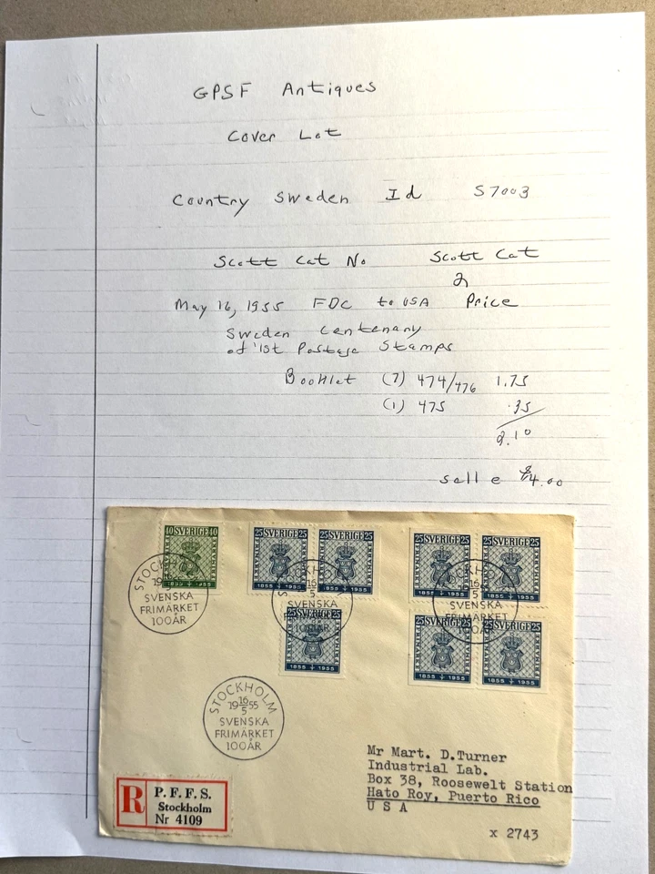 Suecia Centenario del 1er Sellos 16 de mayo de 1955 FDC a EE. UU. Scott Cat 474/476,475 Foto 1 de 1