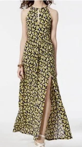 Maxi abito donna Michael Kors medio blu navy giallo bianco floreale buco della serratura spacco alto - Foto 1 di 12