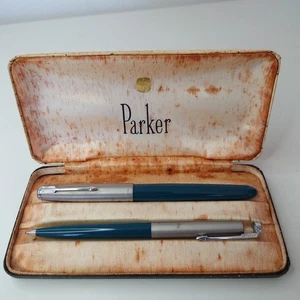 Vintage Parker 51 Fountain & Ballpoint Pen Set Teal/Silver Made in England - Foto 1 di 16