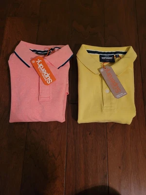 LOT of 2 NWT Superdry Pique Polo Shirts in Peach & Yellow, Men's Size Large - Image 1 of 4