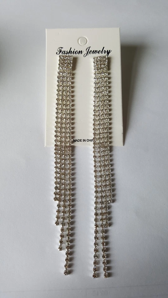 Strass Ohrringe silber glitzernd lang Hochzeit Quaste vier Reihen - Bild 1 von 4
