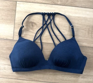 NWOT Athleta Women's Aqualuxe Bikini Top Solid Blue Strappy Padded sz S Swimsuit - Picture 1 of 8
